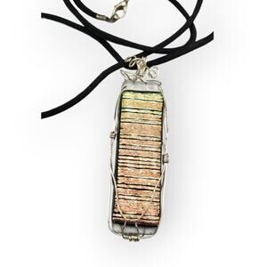 Golden Art Glass Pendant Silver Wire Wrap Necklace - Modern Artisan Sculptural